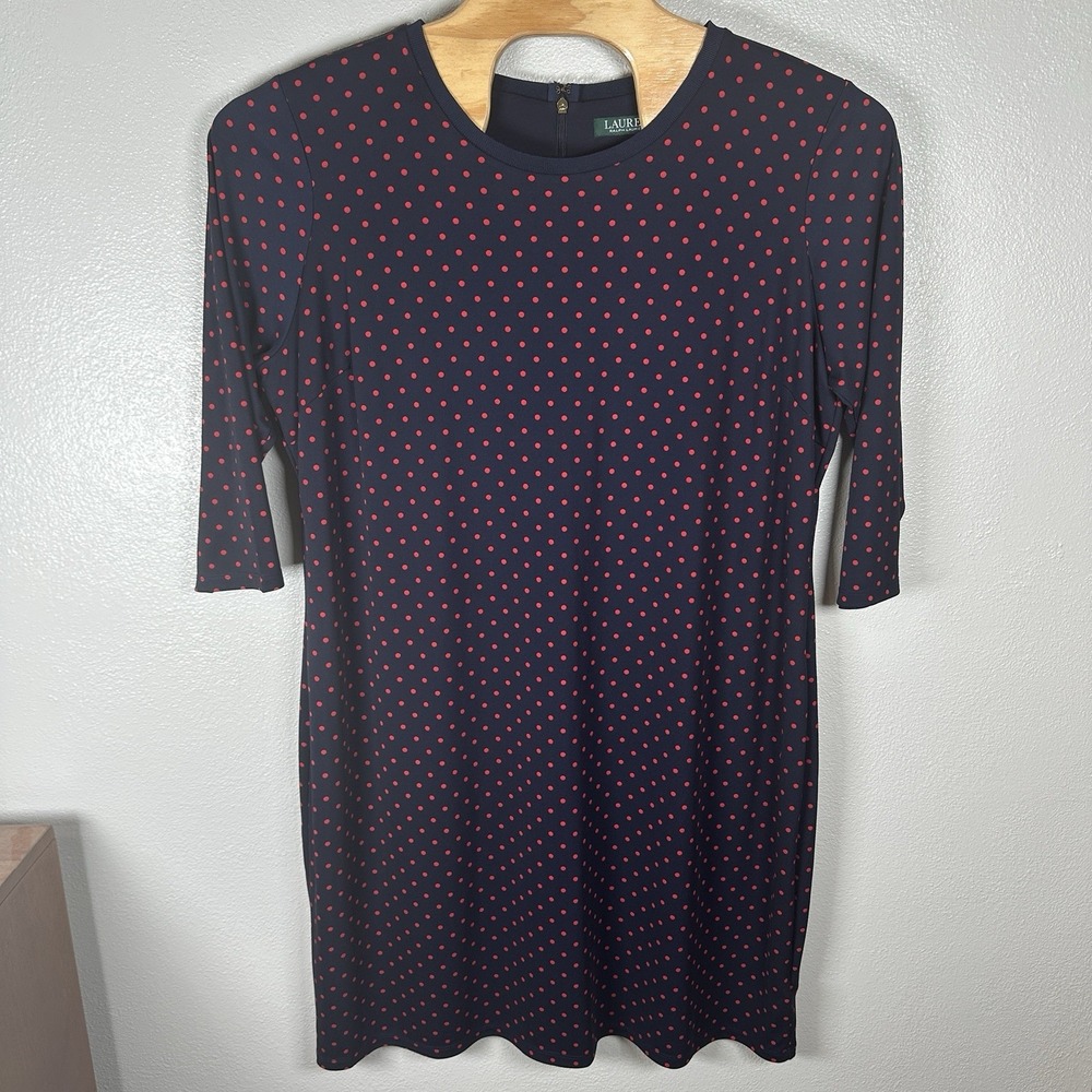 Lauren Ralph Lauren Navy Blue Red Polka Dot Midi Dress Plus Size‎ 3X 3/4 Sleeve